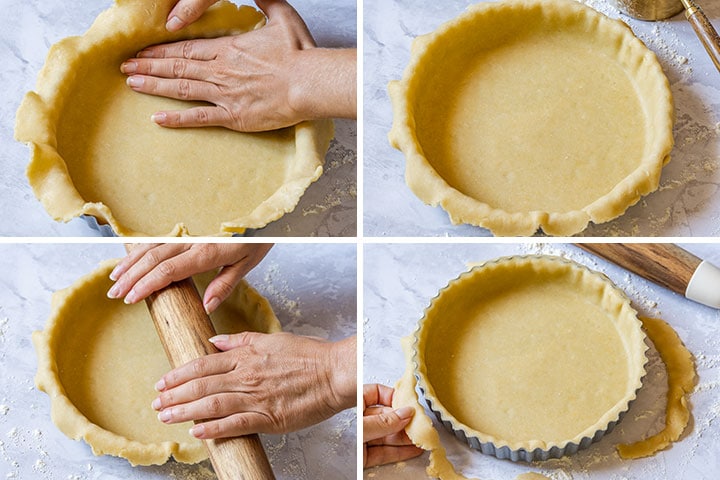 Shortcrust pastry picture collage showing how to roll the dough