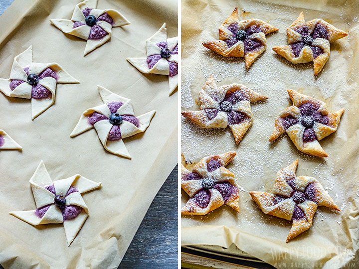 How to make Blueberry Danish Pinwheels Step 3 (Before and After Baking)