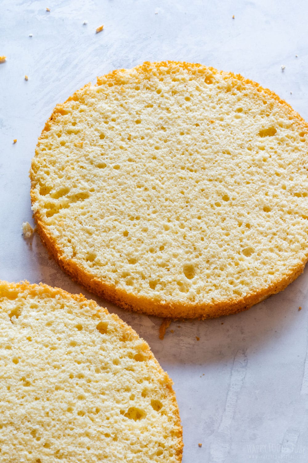 Closeup of sponge cake texture after baking.