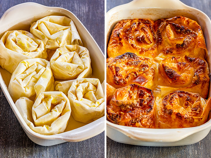 Einzelne Banitsa vor und nach dem Backen