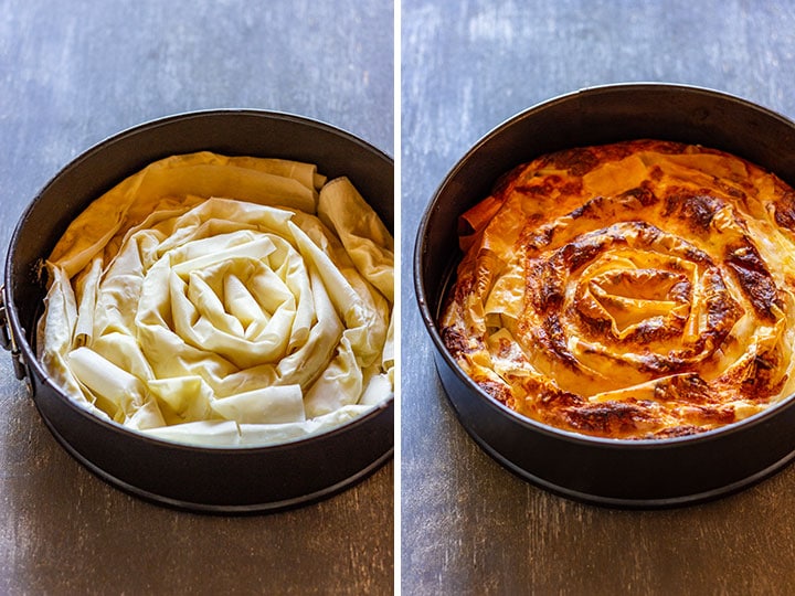Banitsa grande antes y después de hornear