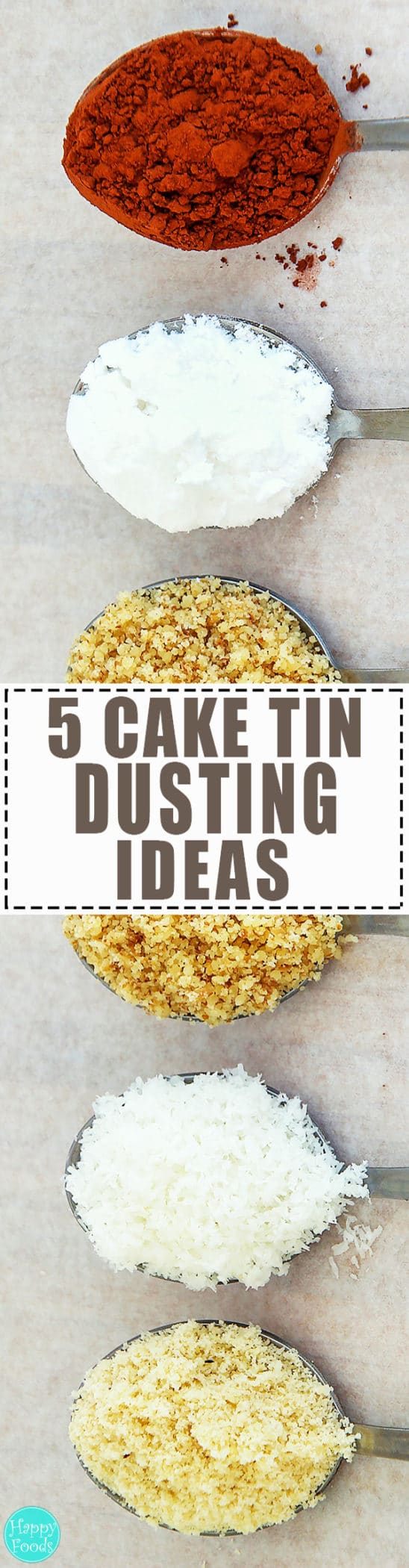 Cake Tin Dusting - How to prepare tins before baking. Cooking / baking tips. 5 ways: cocoa powder, ground almonds, ground walnuts, desiccated coconut and icing | happyfoodstube.com