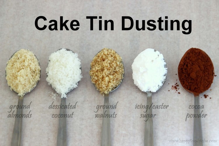 Cake Tin Dusting - How to prepare tins before baking. Cooking / baking tips. 5 ways: cocoa powder, ground almonds, ground walnuts, desiccated coconut and icing | happyfoodstube.com