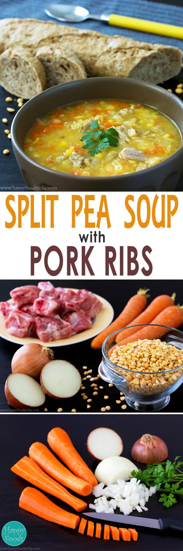 Split Pea Soup With Pork Ribs - Hearty, thick and most of all delicious soup recipe! Serve with a slice of buttered toast or any bread of your choice. If you like stronger flavours, use smoked ribs. Meaty soups. | happyfoodstube.com