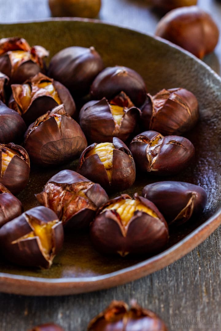 Roasted chestnuts on the rustic plate