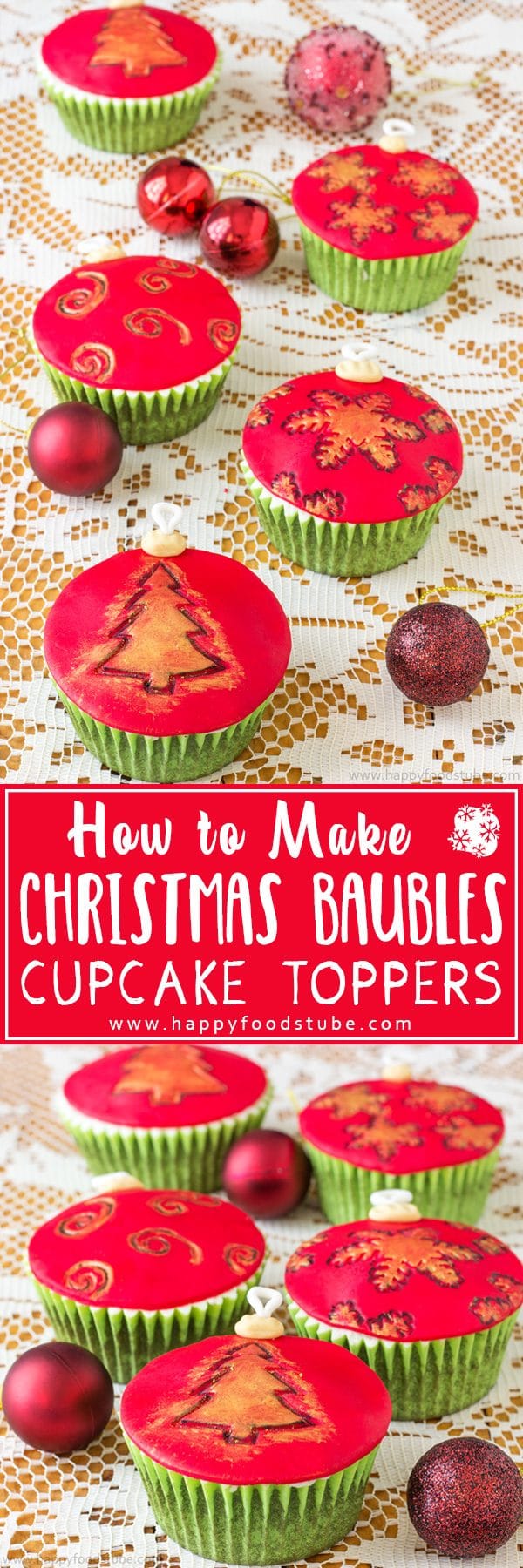 Edible Christmas gift idea, check out these Christmas Baubles Cupcake Toppers! This easy step by step video tutorial will show you how to make them! | happyfoodstube.com