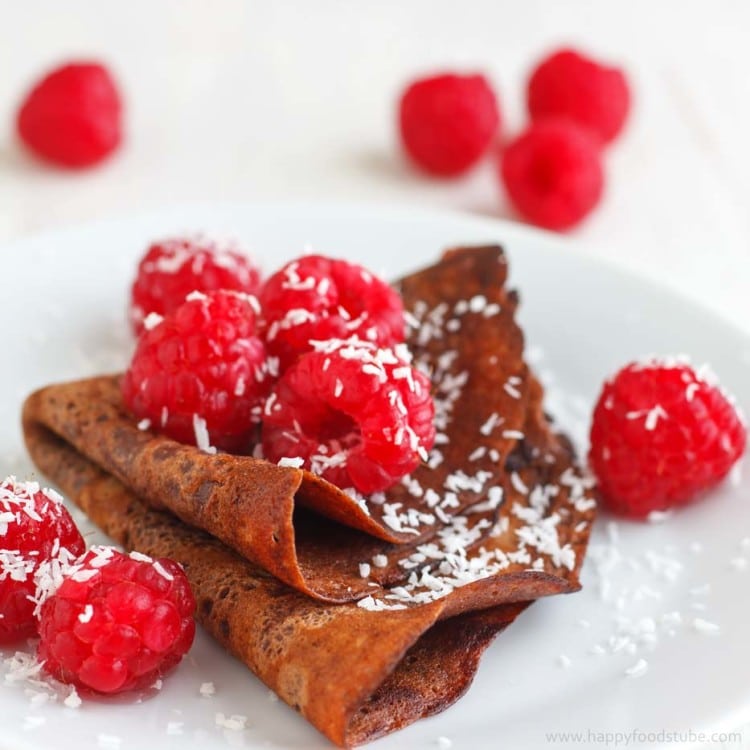 Dark Chocolate Crepes with Raspberries and Coconut