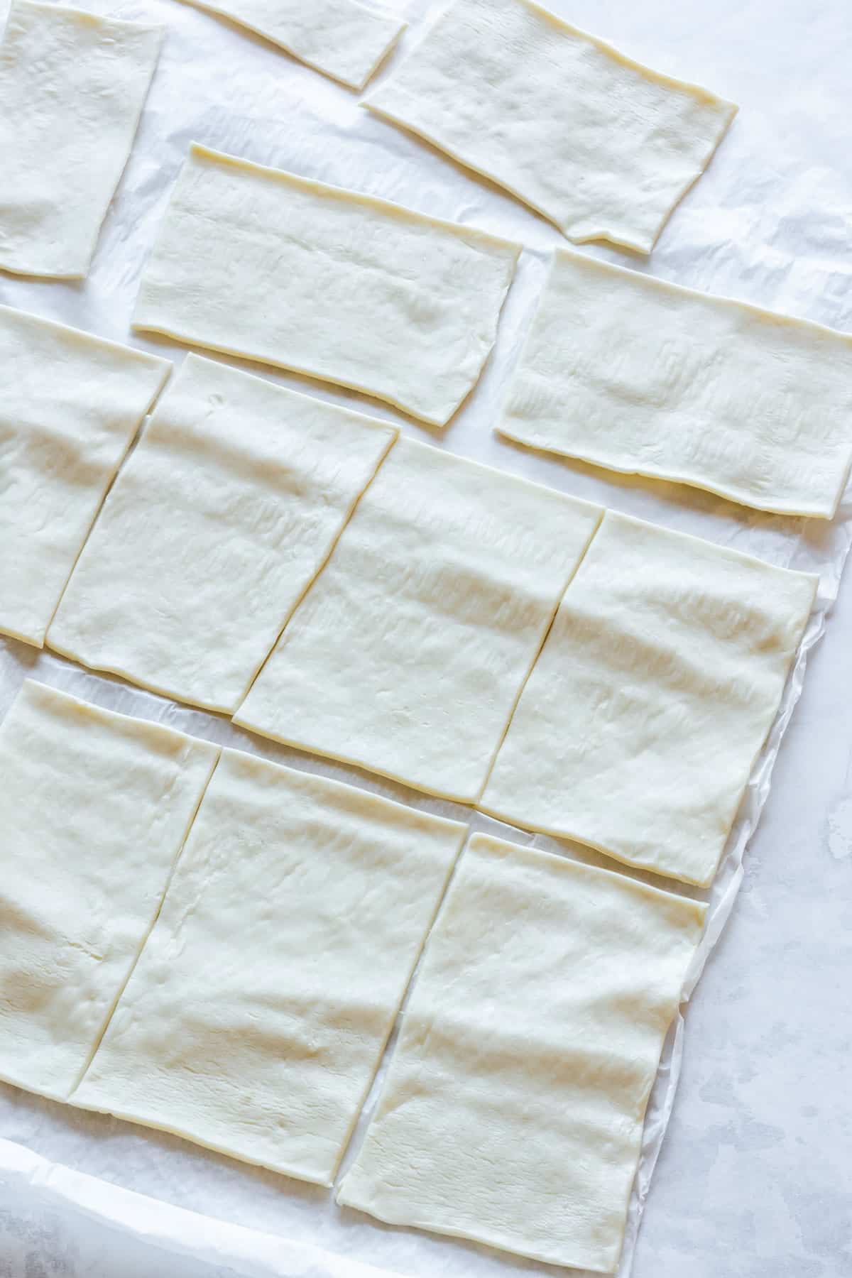 Puff pastry rectangles for wrapping hot dogs.
