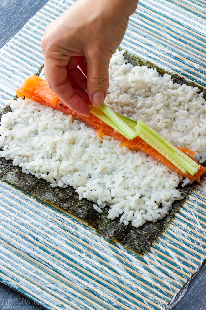 How to make Homemade Sushi Step 2 - Place your fillings neatly in the middle of the rice