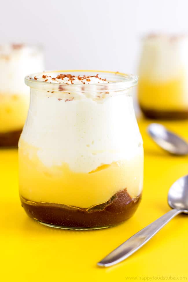 Mini Chocolate Caramel Cups with Lemon Curd - A combination of thick sweet chocolate caramel, creamy & refreshing citrusy lemon curd with soft & fluffy whipped cream is a dream come true dessert! Dessert cups recipe. Party dessert | happyfoodstube.com