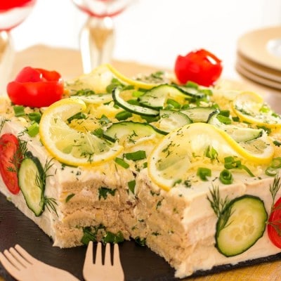 Savory Tuna Sandwich Cake (Smörgåstårta) - Swedish Sandwich Cake, Scandinavian Sandwich Cake, Savory Cake, Smorgastarta, Easy Sandwich Cake, Not Sweet Cake, Sandwich Cake Recipe, Smörgåstårta Recipe, Party Sandwich Ideas | happyfoodstube.com