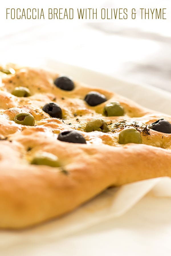 Freshly baked focaccia with green and black olives