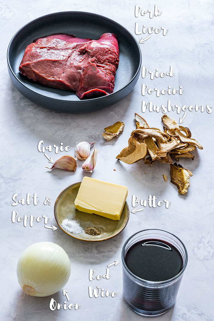 Liver pate ingredients: pork liver, onion, garlic, butter, mushrooms, red wine, salt and pepper