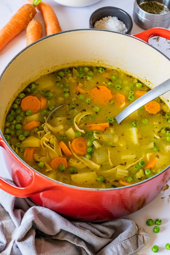 Vegetable soup in the pot with ladle