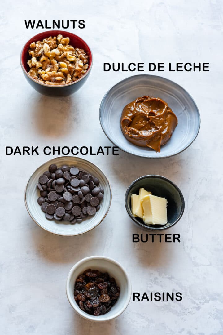 Walnuts, dulce de leche, dark chocolate, butter and raisins for truffles.