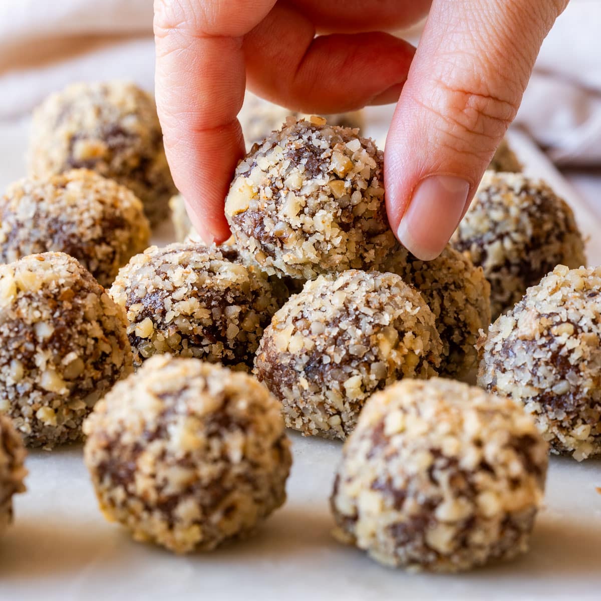 Walnut truffles (chocolate balls with nuts) coated in chopped walnuts.