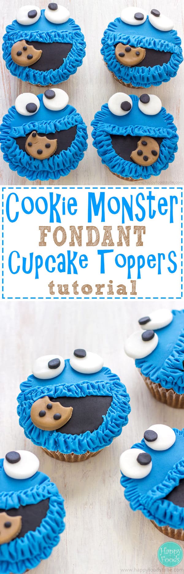 These Cookie Monster Fondant Cupcake Toppers are easy to make and are perfect for any Sesame Street party or Cookie Monster lovers! Cupcake / Cake decorating tutorial. | happyfoodstube.com