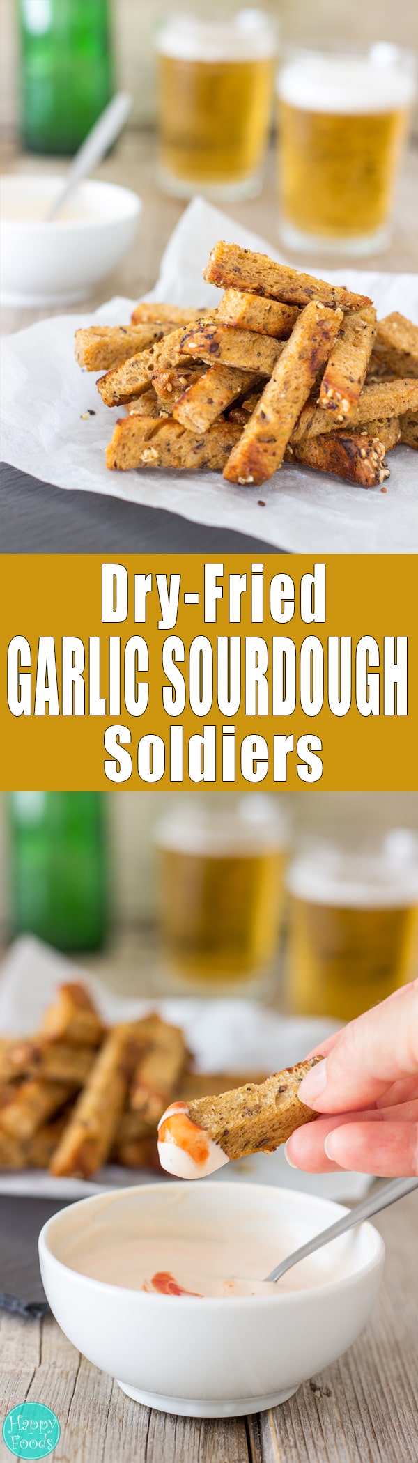 Dry-Fried Garlic Sourdough Soldiers (Küüslauguleivad) - An incredible snack recipe that goes hand in hand with beer. Crispy stripes of sourdough bread dry-fried and coated in olive oil + garlic. | happyfoodstube.com