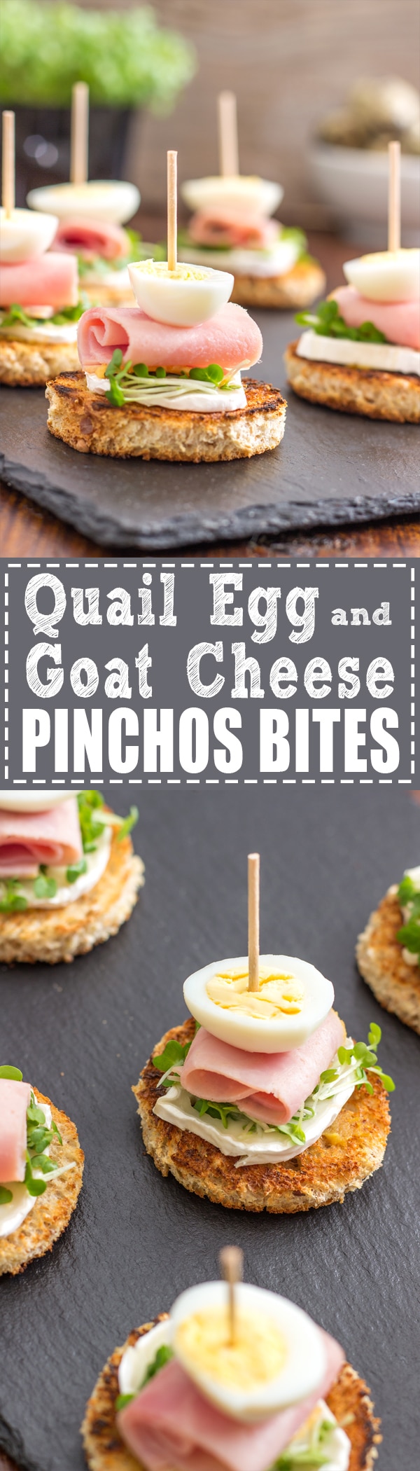 These bite size Quail Egg and Goat Cheese Pinchos Bites are perfect for parties or family gatherings! A pincho is a very popular small snack in Spain | happyfoodstube.com