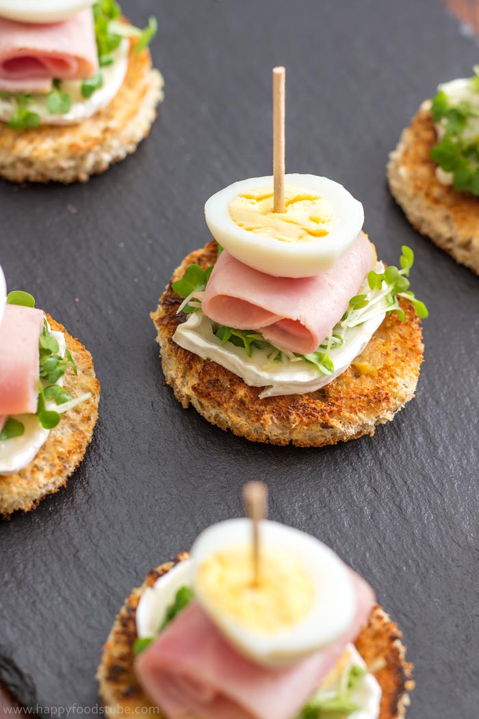 Quail Egg and Goat Cheese Pinchos (Pintxos) Bites - Very Popular Snack In Spain and Great Party Food Idea | happyfoodstube.com