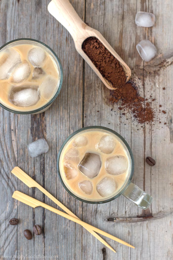 Iced coffee made with instant coffee with milk and ice.