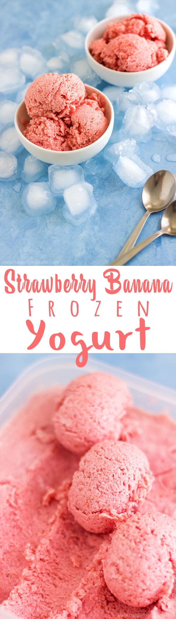 Strawberry Banana Frozen Yogurt is a healthy alternative to ice cream! You need only 3 ingredients to make this frozen dessert recipe! | happyfoodstube.com