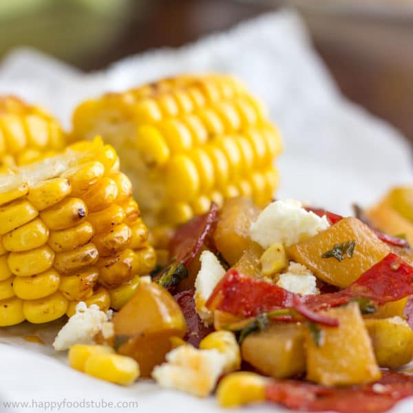 Easy Grilled Corn with Pear Chorizo Salad Recipe. Sweet corn lovers, it’s a must-try this summer! | happyfoodstube.com