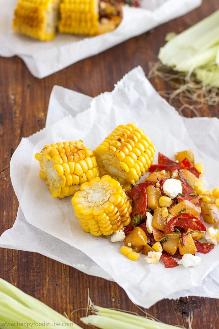 Grilled Corn with Pear Chorizo Salad Recipe. Sweet corn lovers, it’s a must-try this summer! | happyfoodstube.com