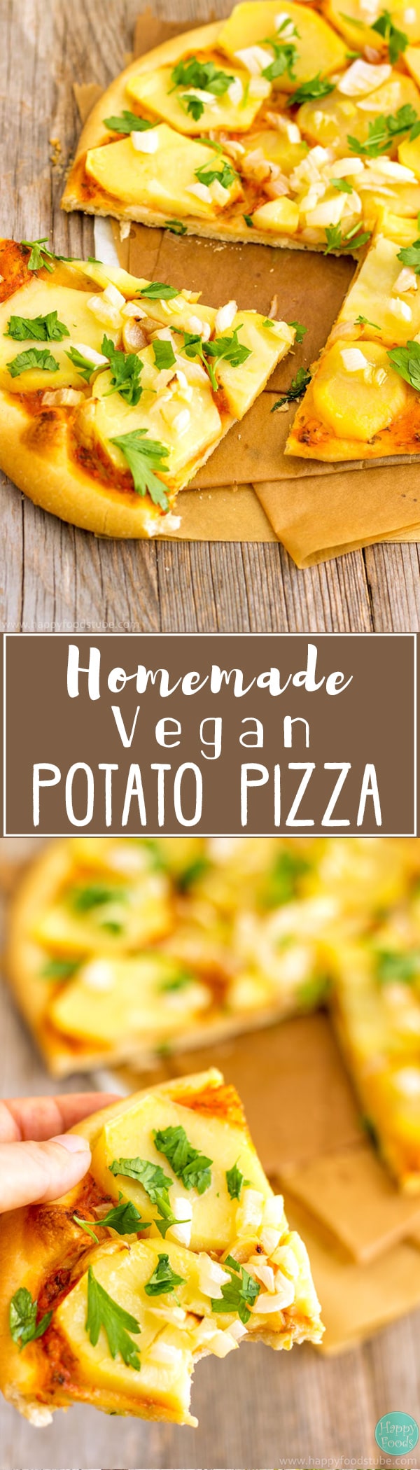 This Homemade Vegan Potato Pizza is loaded with simple yet flavorful ingredients! Delicious & healthier version of the classic cheesy pizza | happyfoodstube.com