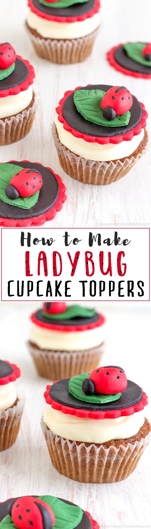 How to make Fondant Ladybug Cupcake Toppers. Easy Fondant Cupcake Decorating Tutorial. Ladybirds. | happyfoodstube.com