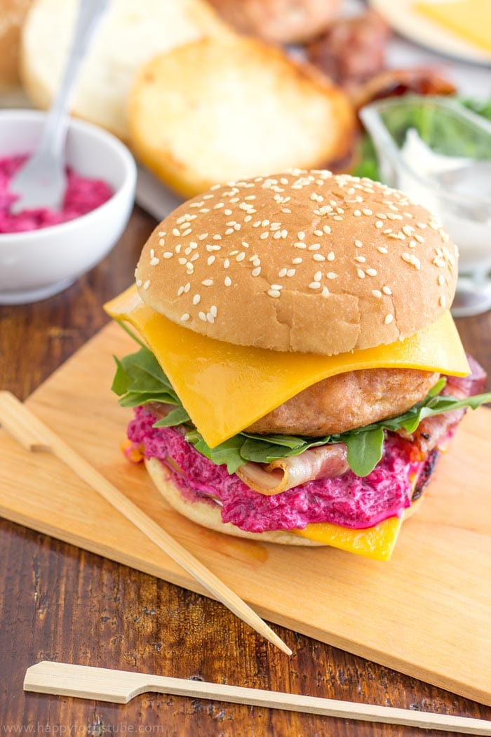 Best Chicken Bacon Cheeseburger with Beet Mayo Recipe | happyfoodstube.com