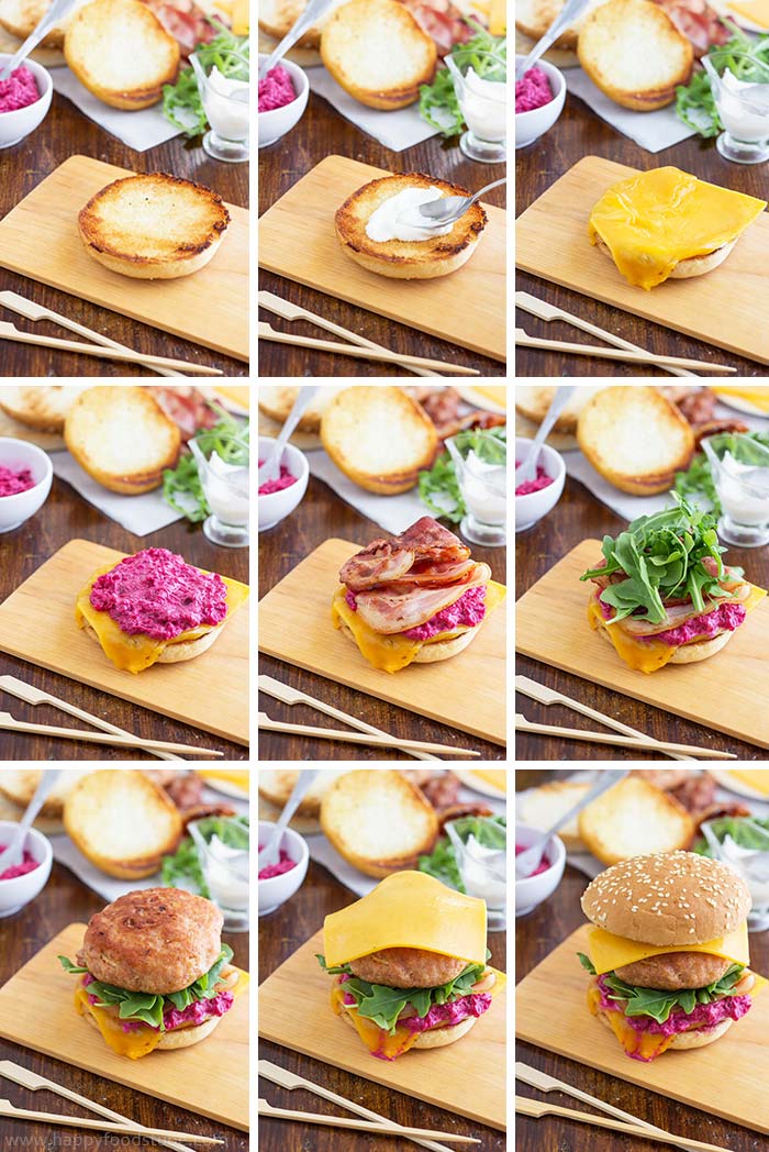 Chicken Bacon Cheeseburger with Beet Mayo Recipe. Super Easy with Step by Step Images. | happyfoodstube.com