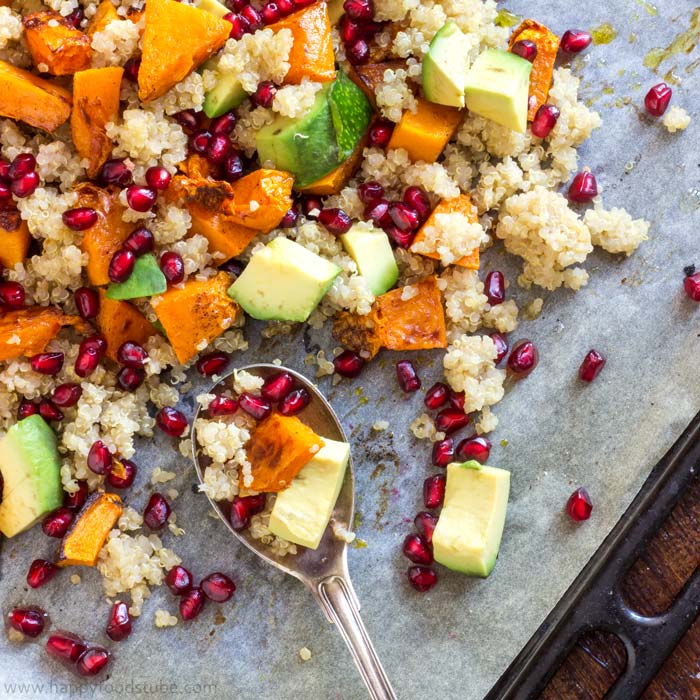 Healthy Roasted Butternut Squash Salad with Quinoa and Pomegranate | happyfoodstube.com
