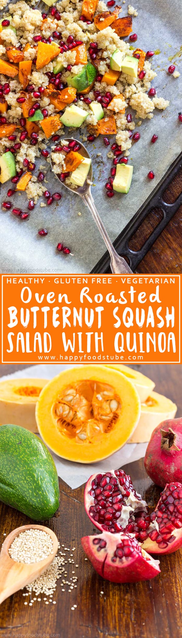Healthy Roasted Butternut Squash Salad with Quinoa and Pomegranate. Only 5 ingredients and ready in 30 minutes. Gluten free & vegetarian recipe! | happyfoodstube.com