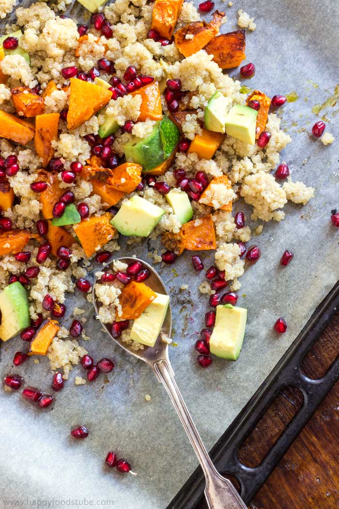 Oven Roasted Butternut Squash Salad with Quinoa and Pomegranate. Packed with vitamins, minerals and antioxidants! It is a perfect fall salad! | happyfoodstube.com