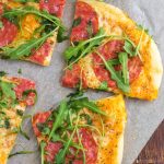 Salami pizza with cheese and arugula | happyfoodstube.com