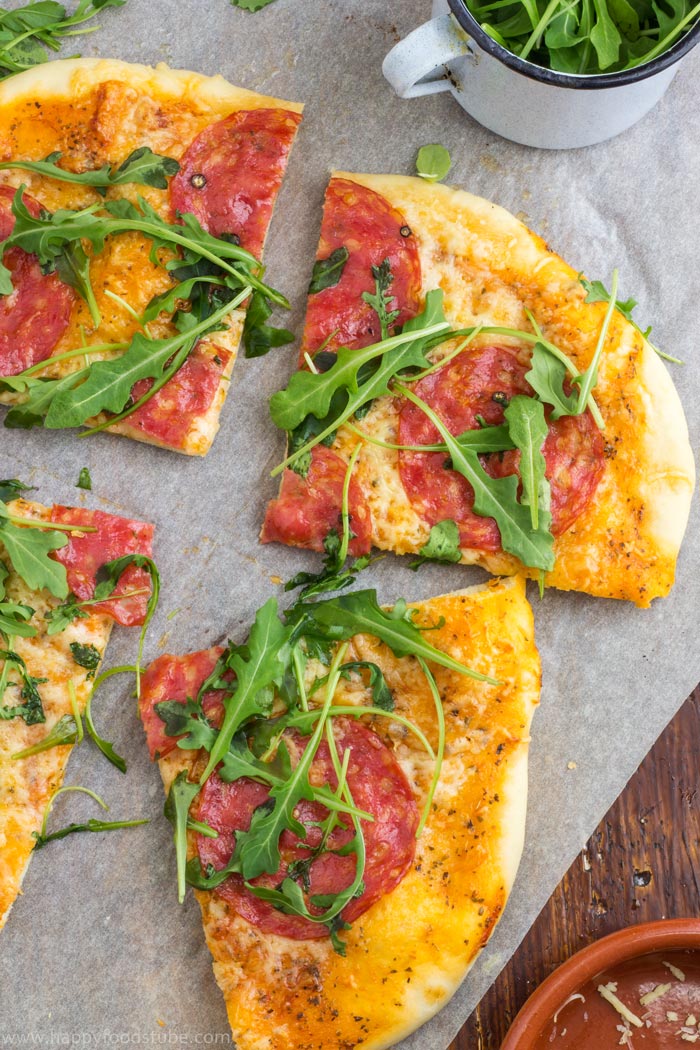 Salami pizza with cheese and arugula is waiting for you! | happyfoodstube.com