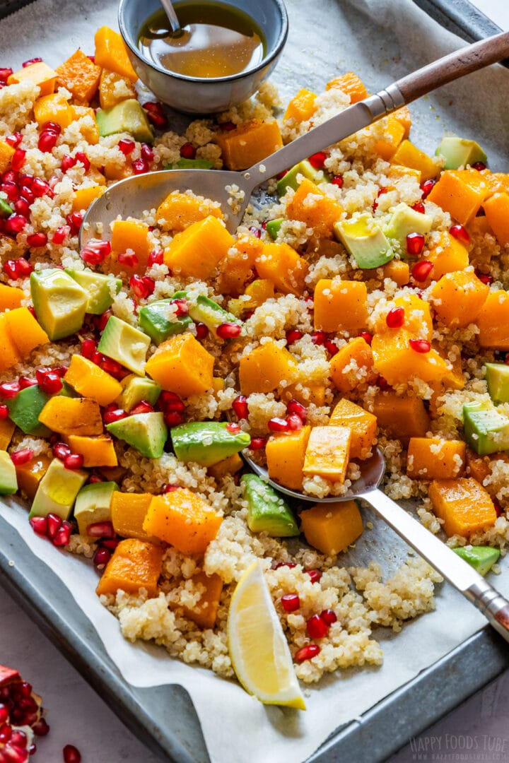 Perfect salad for fall, butternut squash, pomegranate, avocados and quinoa.