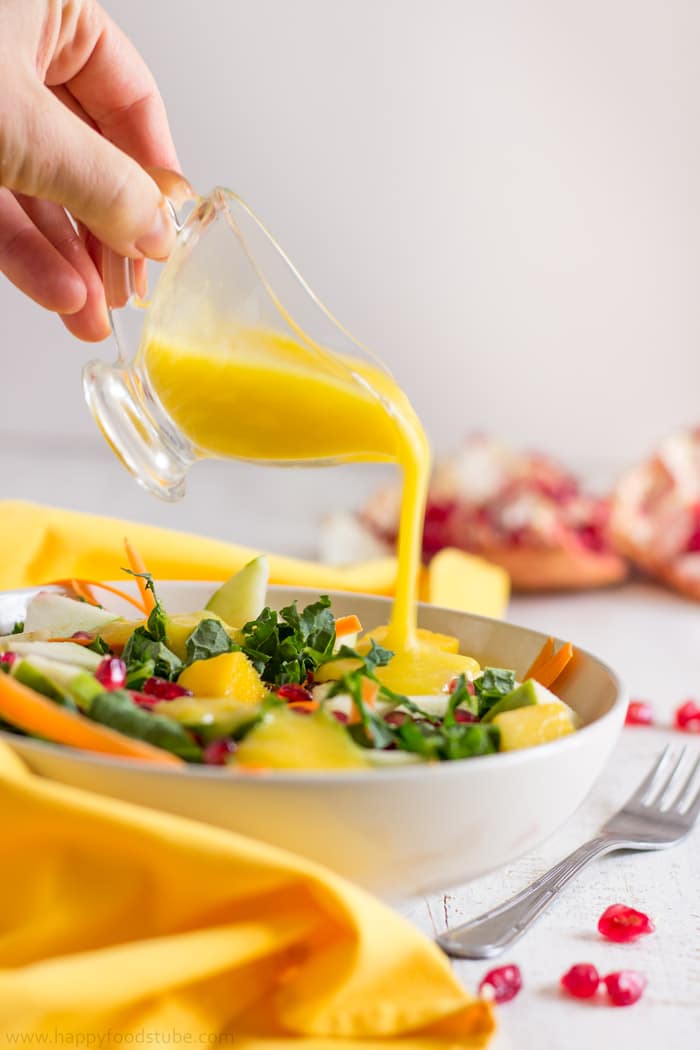 Healthy Kale Salad with Mango Dressing. Easy Vegetarian Recipe. Ready in just 15 minutes | happyfoodstube.com