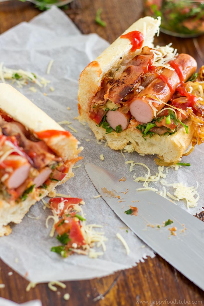 Gourmet Hot Dog with Bacon & Salsa Recipe | happyfoodstube.com