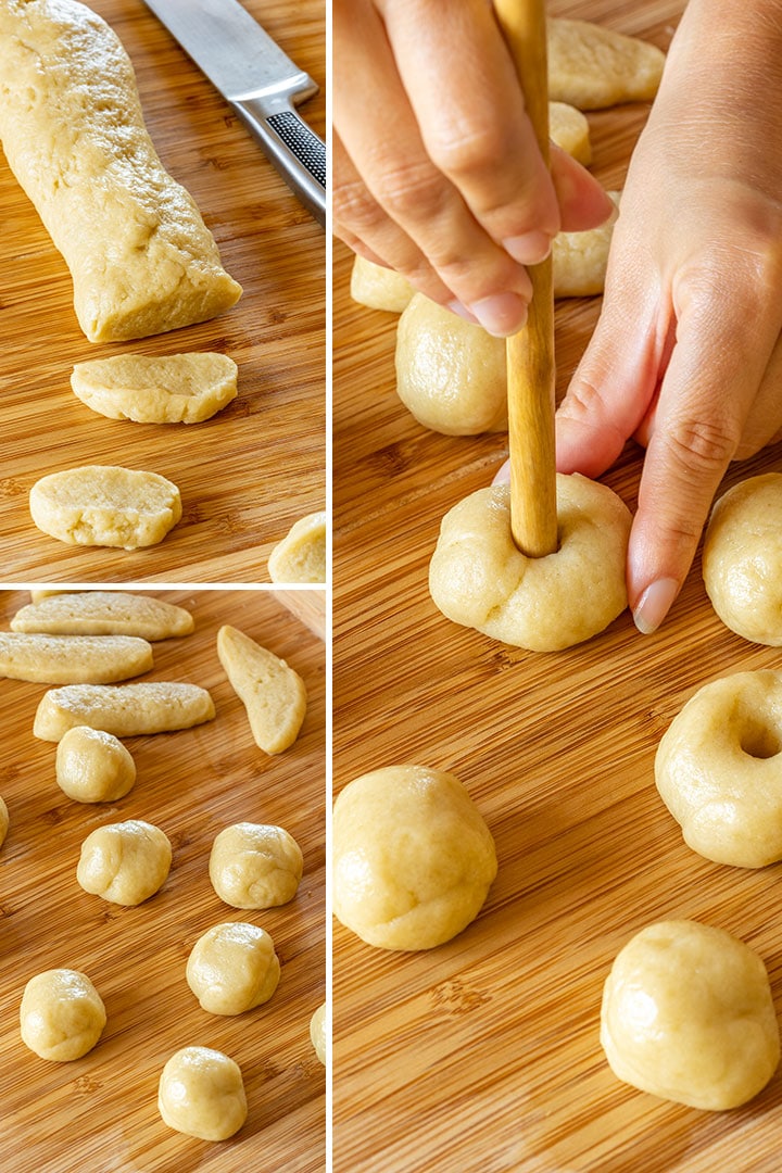 Step by step picture collage showing how to shape wine cookies