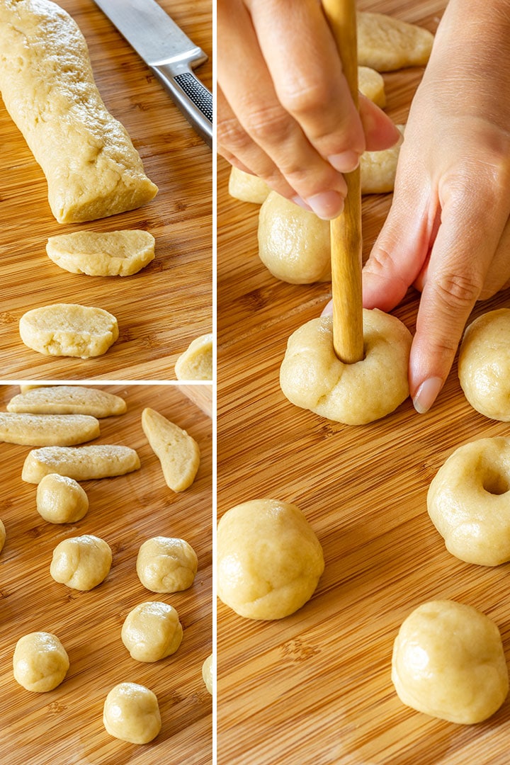 Step by step picture collage showing how to shape wine cookies