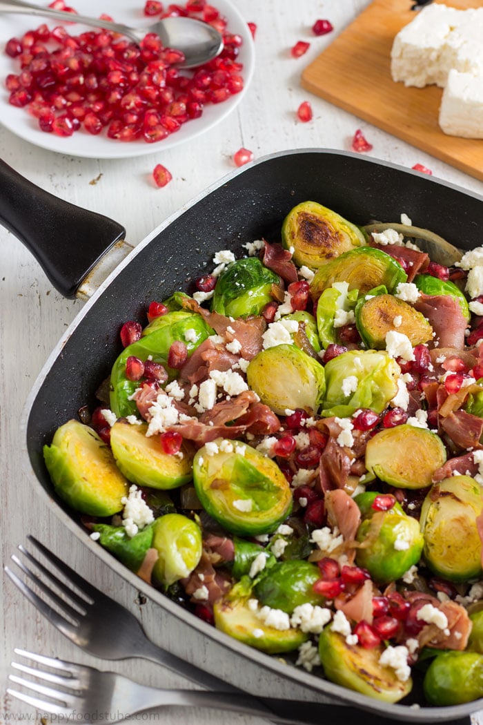 Pan Roasted Brussels Sprouts Salad with Prosciutto. Appetizer Recipe. | happyfoodstube.com