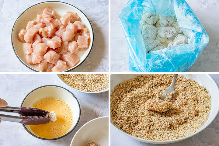 Step by step image collage how to make poopcorn chicken