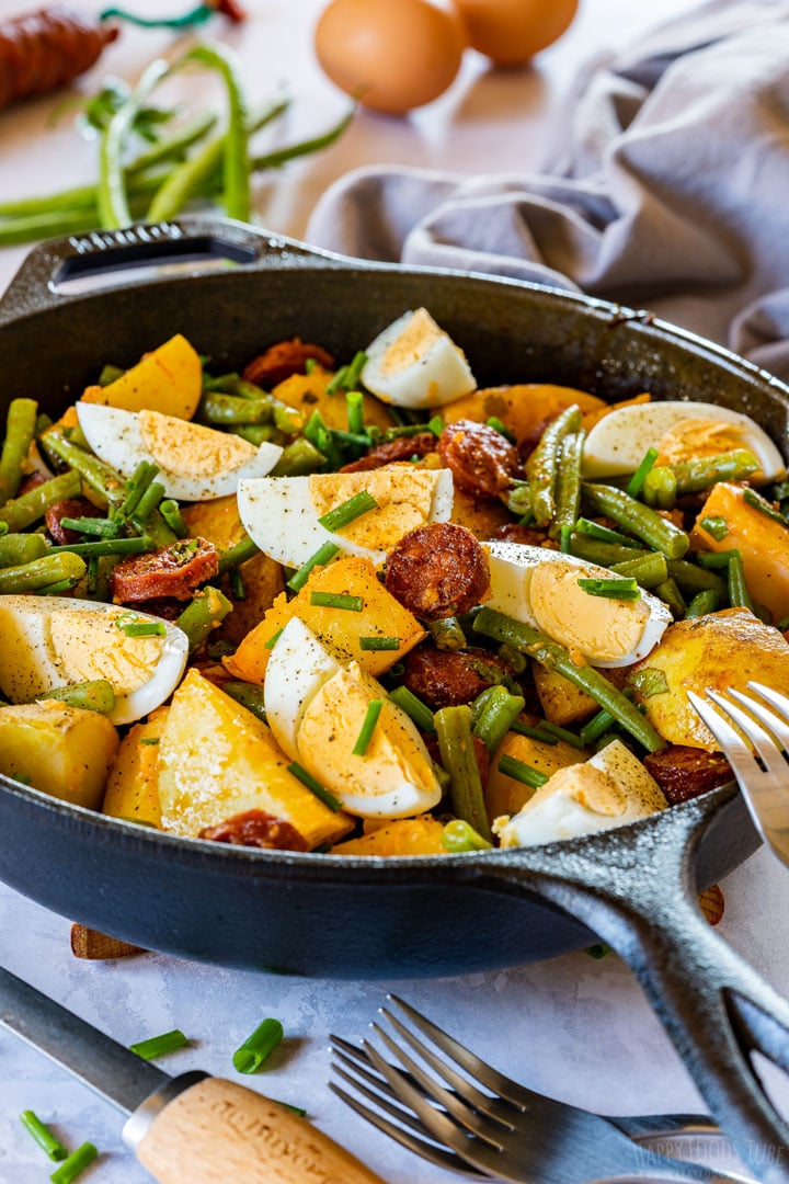 Spanish chorizo and potato salad with eggs and green beans