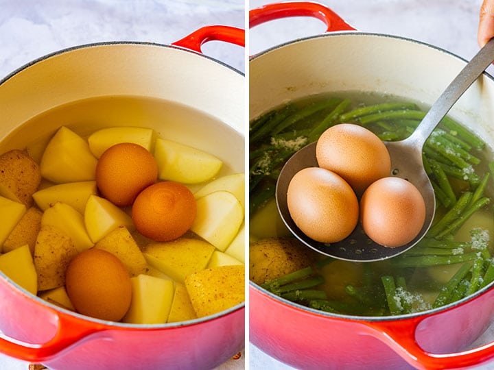 Boiling eggs, potatoes and green beans