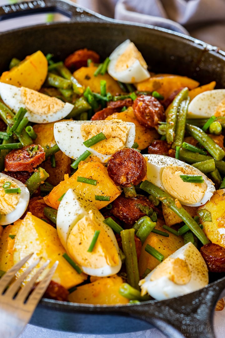 Spanish chorizo potato salad close-up