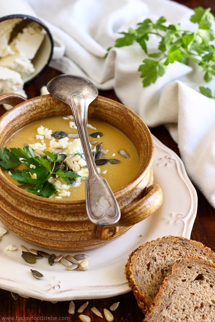 Hot bowl of soup with spoon