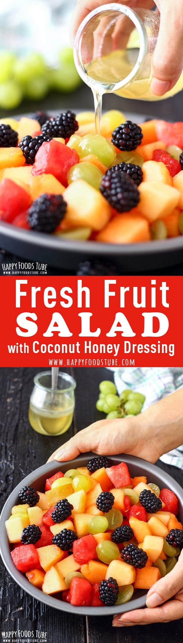 Fresh Fruit Salad with Coconut Honey Dressing Recipe Collage