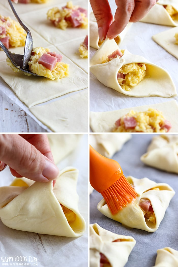 Step by step picture collage how to fill and fold puff pastry jambons.